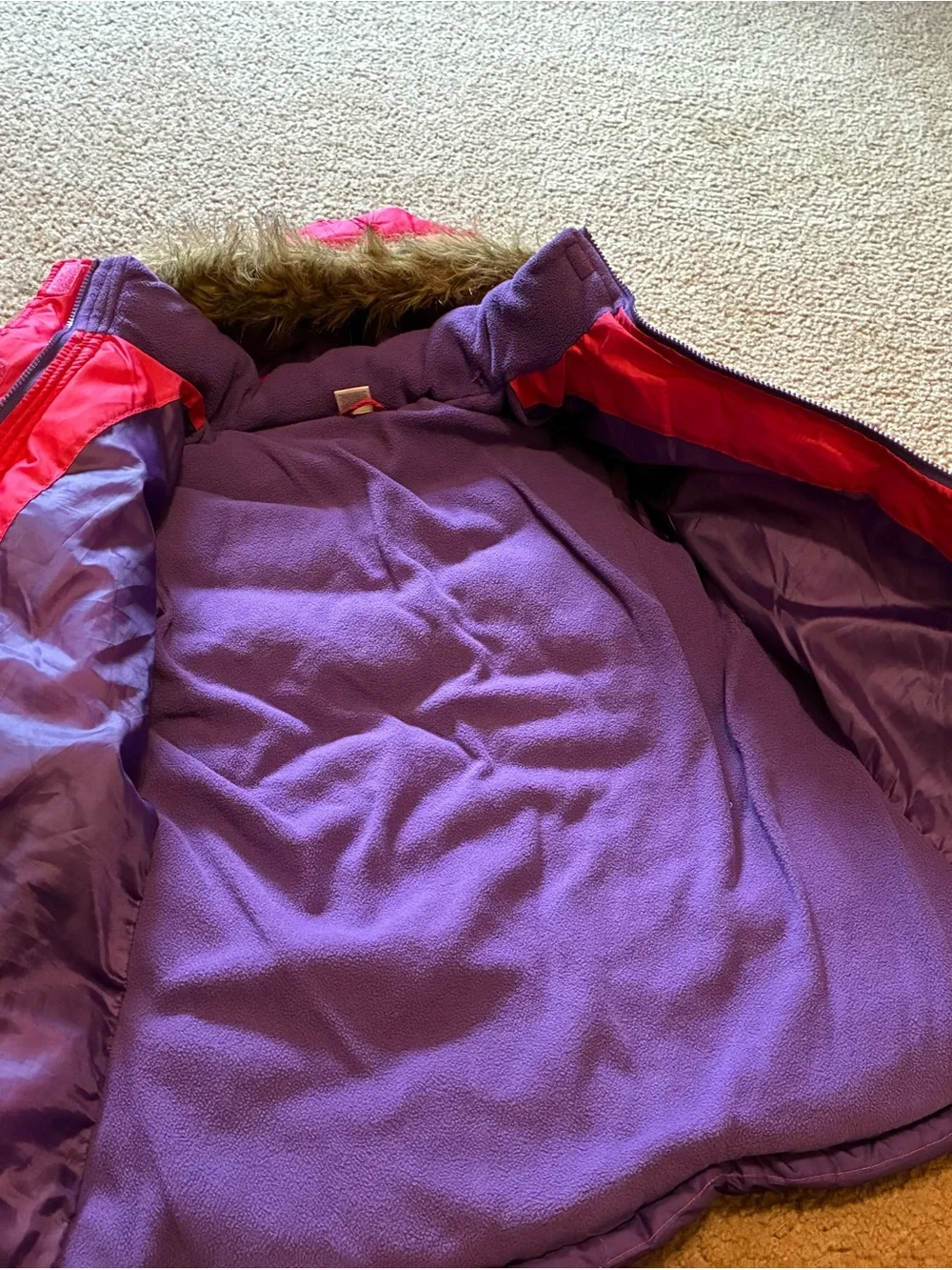 Arizona Jean Company Girls Pink to Purple Ombre Puffer Jacket with Faux Fur Hood